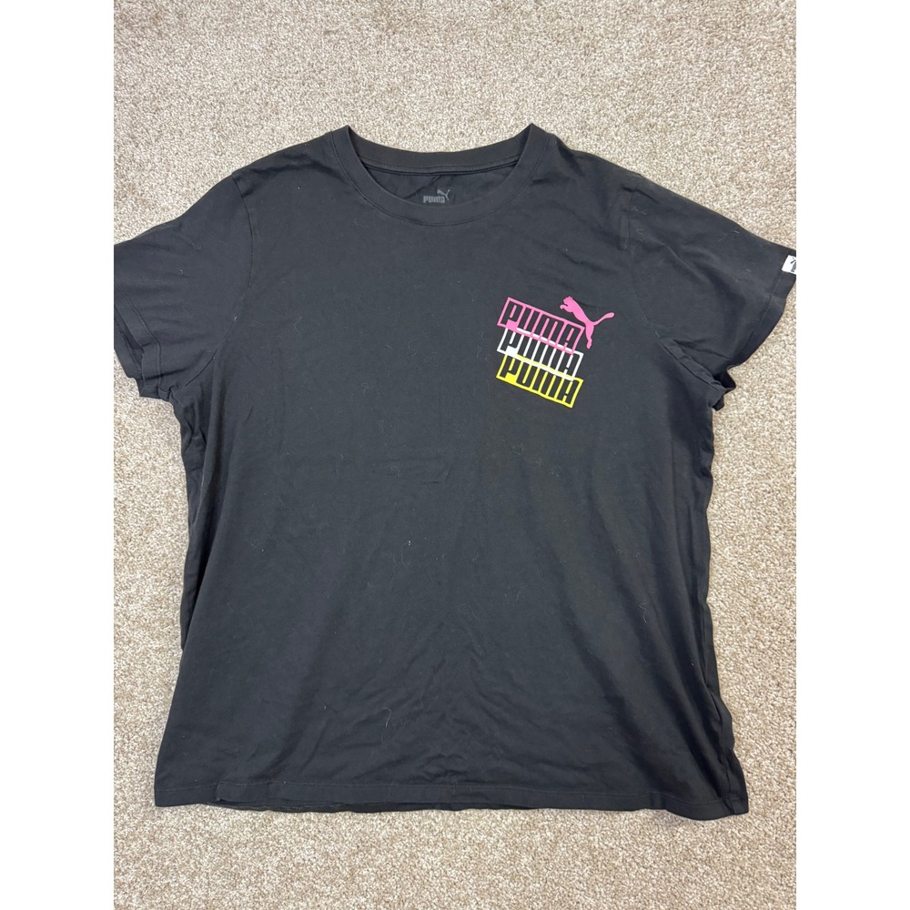 Puma Womens Black Graphic Tee Short Sleeve Pink Yellow Logo T-Shirt XS - Picture 4 of 5